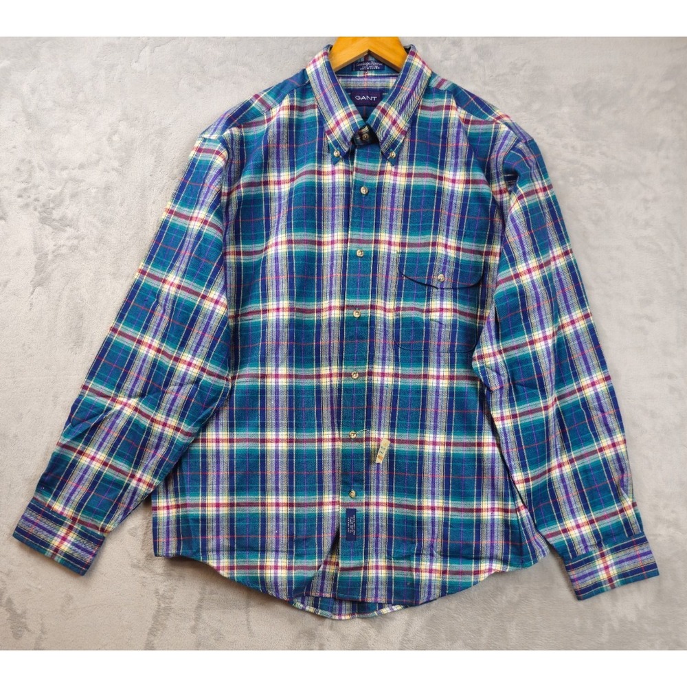 90s Vintage Gant Mens XL Flannel Shirt Green Blue Plaid Cambridge Cotton NWT